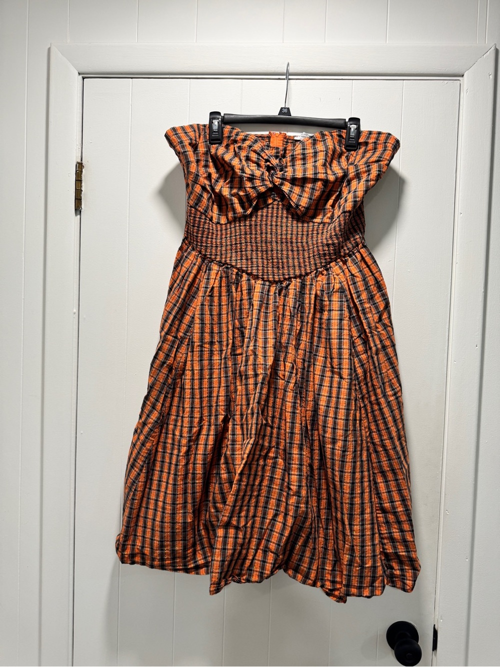 Unique Vintage Orange & Black Plaid Strapless Midi Dress. Halloween. size 18.